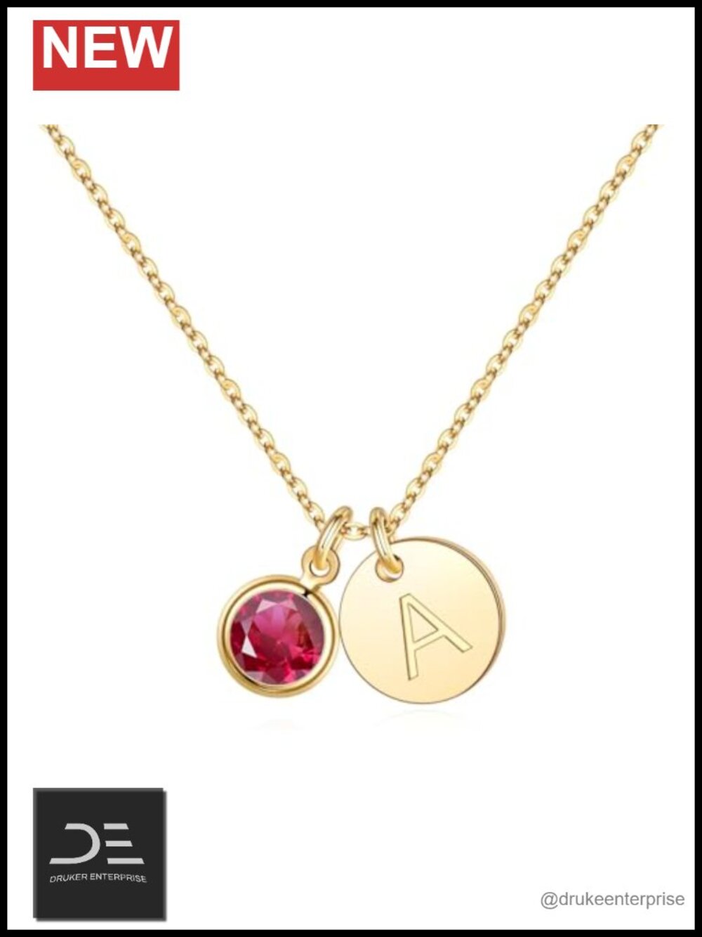 14K Gold Plated Initial Birthstone Disc Necklace - Dainty Pendant with Cubic